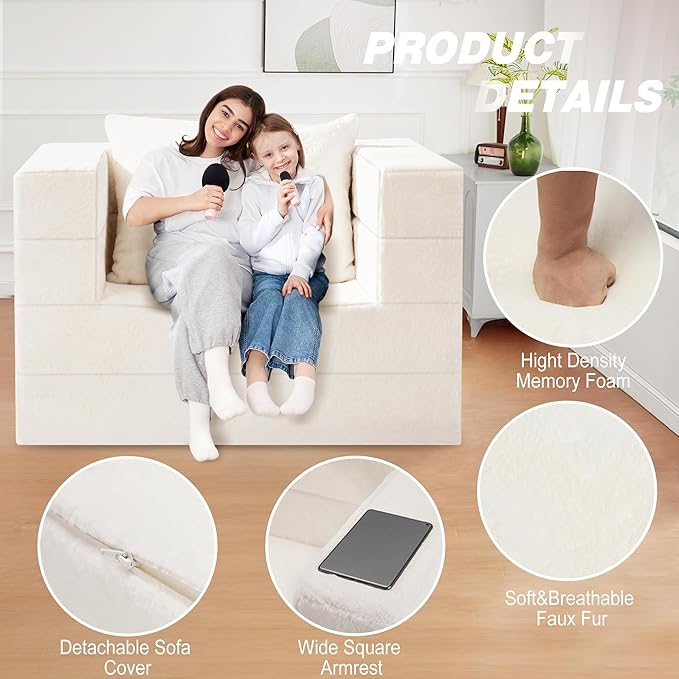 Folding Bean Bag Chair for Adults,3-in-1 Bean Bag Couch Faux Fur Floor Sofa Large Beanbag Convertible Bean Bag Sofa Bed with Pillow in Bedroom,Living Room,Apartment(Twin,Milky White)