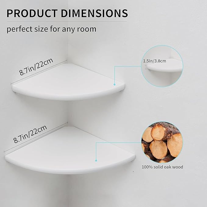 Corner Shelves, Floating Corner Shelf, Set of 2 White Solid Oak Wood Wall Shelves, Round End Wall Mount with Wire Hole Shelving for Small Plant for Bedroom Kitchen, Living Room 8.7"