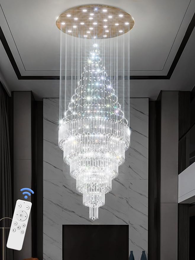 Flashing God D48''X H120''High Ceiling Chandelier Crystal Raindrop Gold Chandeliers Large Villa Chandelier Entrance Foyer Hight Ceiling Lighting LED Dimmable 2700K-4500K-6000K 24 LED Bulbs Include