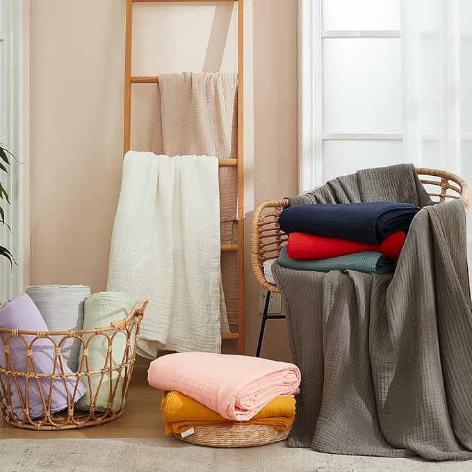 EMME Muslin and Cotton Twin Blankets for Couch Breathable Gauze Blanket All Season Soft and Lightweight Pre-Washed Cotton Blanket (Pink, 60"x80")