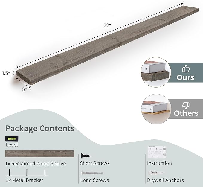 72 inch Floating Shelves for Wall, 8" Deep Rustic Reclaimed Barnwood Shelves, Floating Shelf Wall Hanging Shelves with Invisible Heavy-Duty Metal Bracket | Wall Mounted | Farmhouse Style, 1PC,Grey