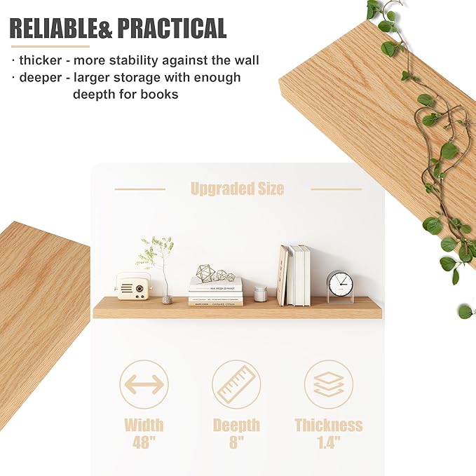 Floating Shelves for Wall, USA-Sourced Oak Wood 48 Inch Long Wall Shelves, Natural Wooden Wall Mounted Picture Ledge Shelf, Nursery Book Storage Shelf Kids Bookshelf, Display Shelf for Bathroom