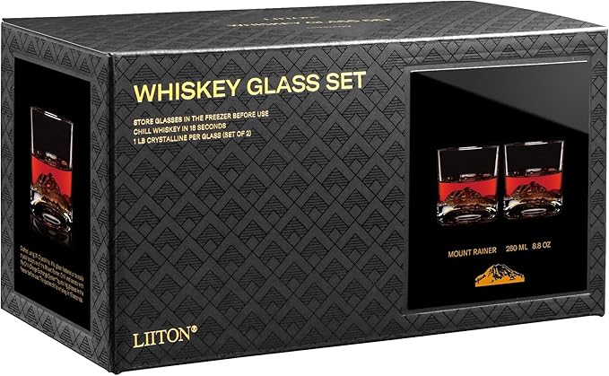 Mount Rainier Heavy Crystal Whiskey Glasses Gift Set of 2, Thick Freezable Bourbon Glass 1lb Each, Premium Whiskey Gifts for Men, Frozen Crystal Chills Cocktails, 10 oz