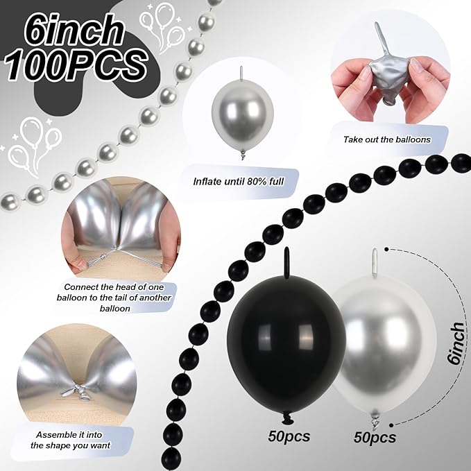 Black and Silver Linking Balloons, 100PCS 6 Inch Small Metal Silver Link Balloons for Making Balloon Wall Heart Arch, Quick Linked Balloon for Wedding Birthday Baby Shower Graduation Party Decorations