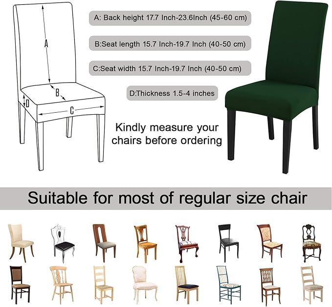 JQinHome Chair Covers for Dining Chairs, High Stretch Removable Washable Chair Protector Cover Set of 6, Chair Slipcovers for Dining Room, Kitchen,Home Party,Wedding Ceremony(Hunter Green, 6PC)