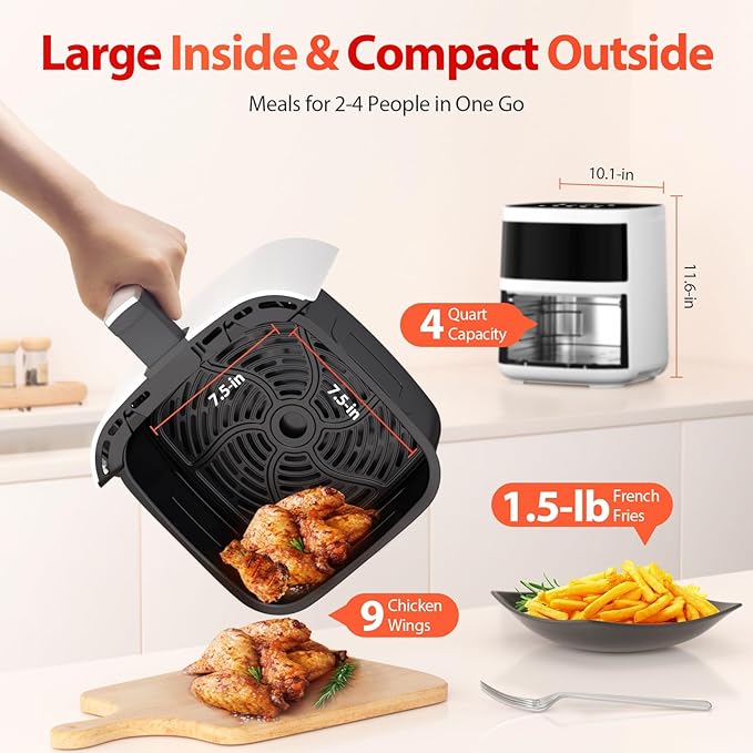 Air Fryer, Beelicious 8-in-1 Smart Compact 4QT Air Fryers, with Viewing Window, Shake Reminder, 450°F Digital Airfryer with Flavor-Lock Tech, Dishwasher-Safe & Nonstick, Fit for 1-3 People, White