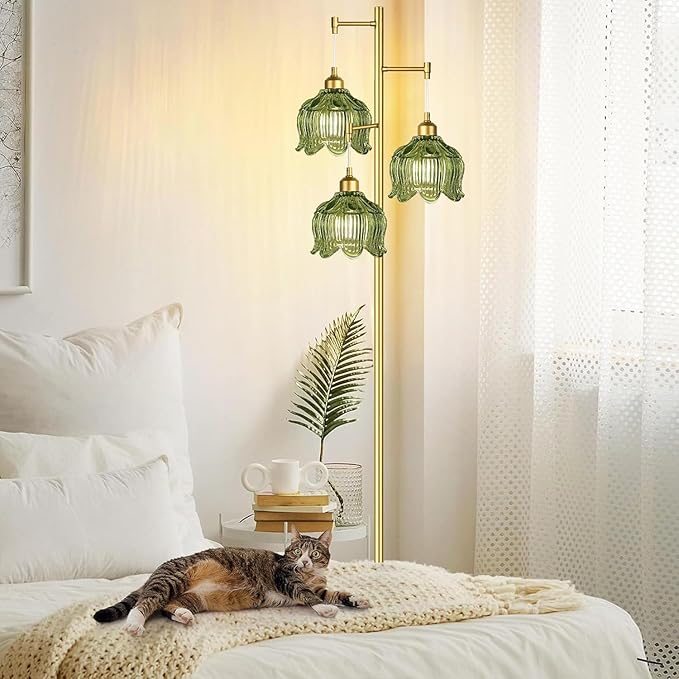 Gold Floor Lamp for Living Room,Bedroom,Mid Century Modern Standing Lamp Brass Tree 3 Light Tall Floor Lamps Vintage Retro Floor Lights Glass Green Flower Lamp Shade Farmhouse Boho Bohemian