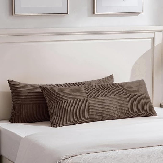 Fancy Homi Set of 2 Dark Brown Boho Long Lumbar Body Decorative Throw Pillow Cover 14x36 Inch for Bed Couch Bedroom Bench, Soft Patchwork Corduroy Textured Pillow Case, Rustic Farmhouse Room Décor