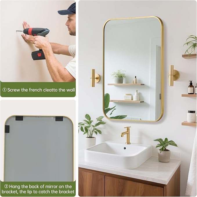 FARMER 16x20 Inch Gold Bathroom Mirror, Rectangle Vanity Mirror, Brushed Mirrors for Wall, Metal Frame Hanging Mirror with Round Corner for Bedrooms, Entryways, Living Rooms, Horizontal/Vertical