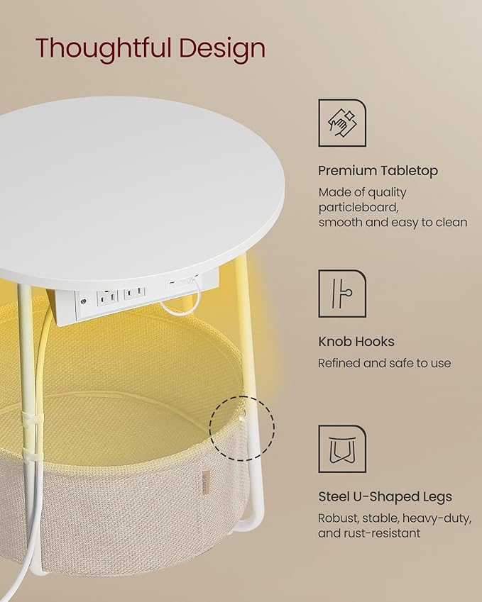 VASAGLE Side Table with Charging Station, Round End Table with Fabric Basket, LED Nightstand with Power Outlets, USB Ports, for Living Room, Bedroom, Modern, Matte White and Camel Brown ULET227W01