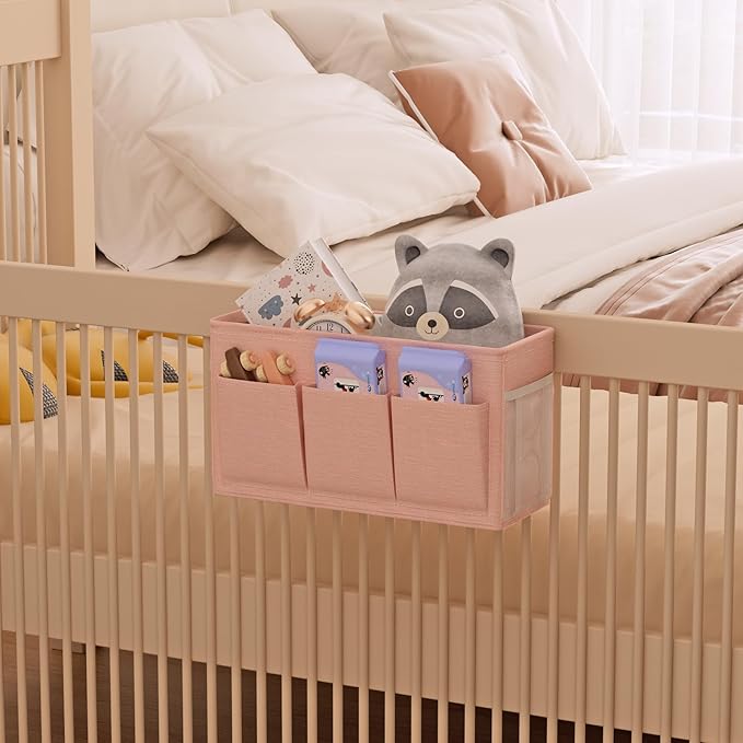 Dual-purpose Bedside Caddy Bedside Organizer, Bed Caddy with 6 Pockets, Versatile Bedside Storage Solution Magazine Remotes holder, ideal for Home, Dorm, Hospital, Crib Bed (Pink)