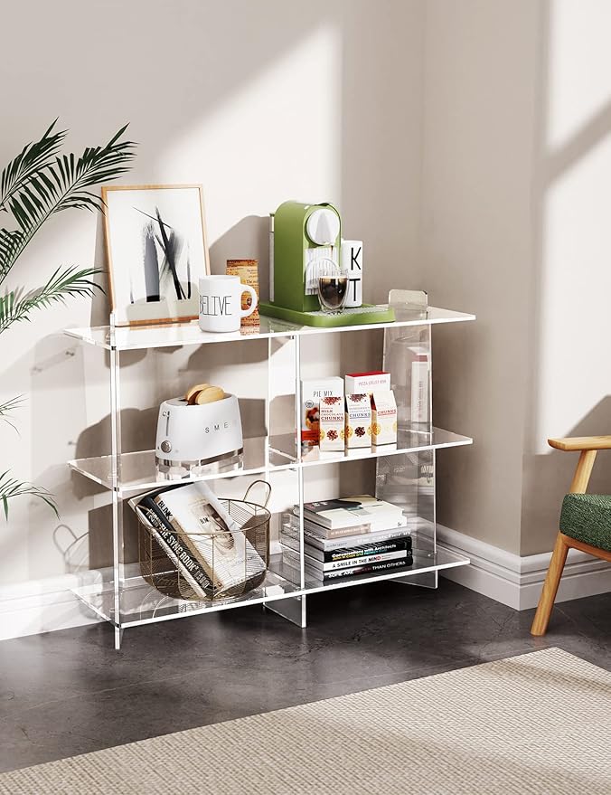 Acrylic Bookshelf, Small 3 Tier Open Bookcase for Small Spaces,Sofa Table, Hallway Entry Table for Home Living Room (Clear, 39.4'' x 11.8'' x 31.5'')