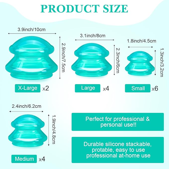 Geiserailie 16 Pcs 4 Sizes Cupping Therapy Set Silicone Cupping Massage Cups Professional Chinese Therapy Cup Vacuum for Body Muscle Nerve(Green)