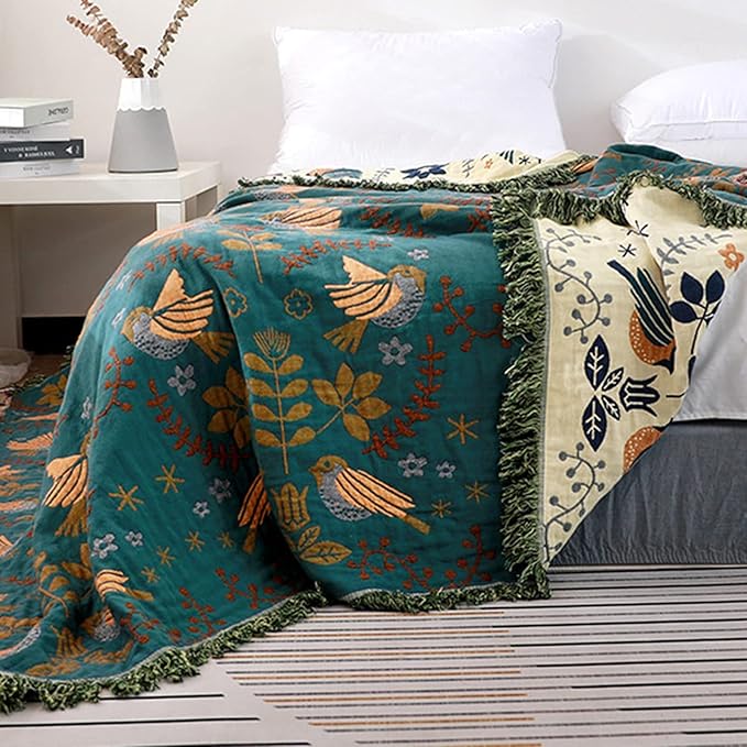 Bed Blankets Versatile Fall Throw Blanket,Boho Blanket & Organic Cotton Throw Blanket,Perfect for Beds,Couches,Chairs,& Vintage Décor,Featuring Unique Bird & Flower Patterns