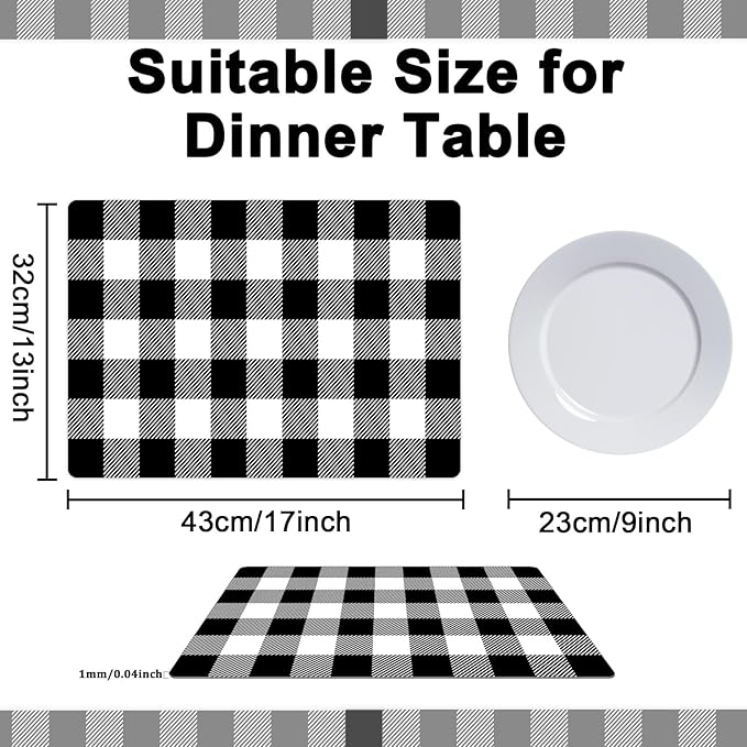 Black and White Plastic Placemats Set of 6 Check Plaid Table Mats Black Buffalo Plaid Place Mats Wipe Clean Washable Table Placemats for Indoor Outdoor Heat Resistant Kitchen Dining Table
