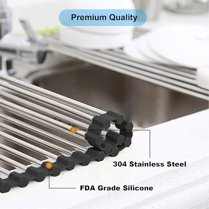 Searik Roll up Dish Drying Rack, Over The Sink Rolling Dish Drainer Rack Multipurpose Foldable Kitchen Stainless Steel Dish Rack Sink Drying Rack for Kitchen Sink Counter (17"x 15.7")