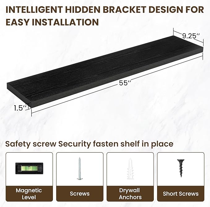 55 Inch Floating Shelves, 55"x9.25"x1.5" Inch Deep Floating Shelves for Wall, Wooden Shelves for Bathroom, Bedroom, Living Room, Black