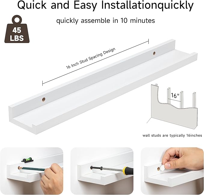 Fun Memories Picture Ledge Shelf, 24 Inch Floating Shelves Set of 2, Nursery Book Shelves for Toys Storage, Kids Bookshelf Wall Mounted for Wall Decor Books Photo Frames, White