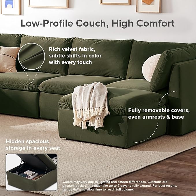 mopio Oversized Modular Sectional Sofa with Fully Removable Covers and Storage, Convertible U, L-Shaped and Sleeper Sectional, Modern Couches with Ottoman Chaise (Olive Green Velvet, 5 Seats, U)