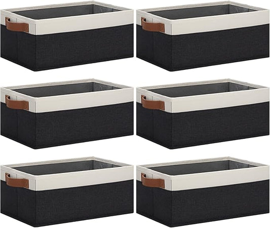 GhvyenntteS Storage Baskets for Organizing, Fabric Storage Bins with Leather H&les, Foldable Rectangular Storage Baskets for Shelves, Closets, Home, Office(Black/White, 6 Pack)11.8X7.9X5.1 in