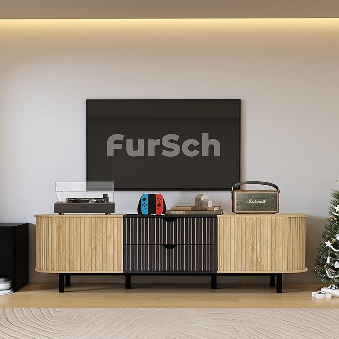 71" Tambour Door TV Stand,Wood Mid Century Modern TV Cabinet for Up to 85“ TV,Curved Edge Long TV Stand with Storage for Bedroom Living Room(Natural, 71inch)