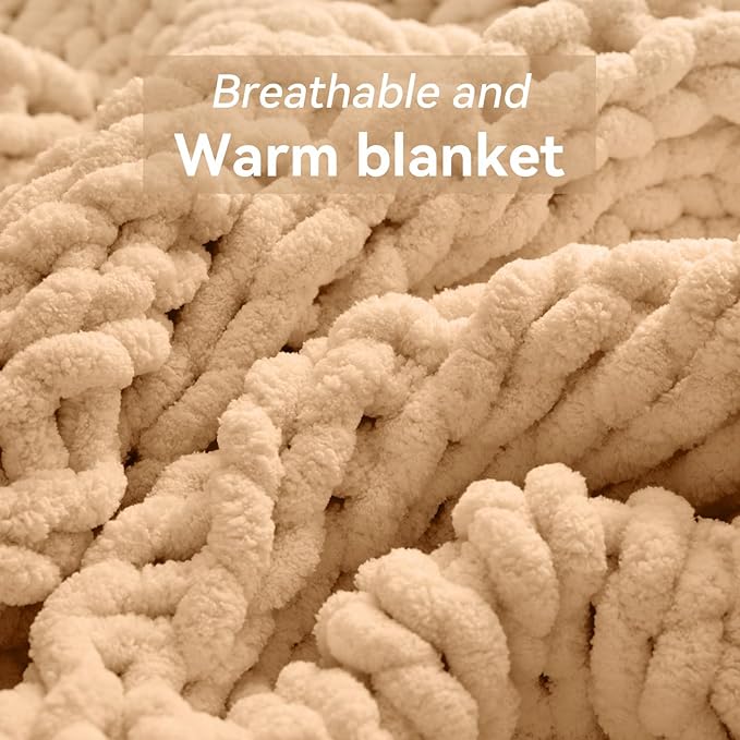 Chunky Knit Throw Blanket, 40''*50'' Knitted Throw Chenille Yarn for Bed Couch, Handmade Beige Crochet Big Thick Blanket, Machine Washable Cute Comfy Blanket for Home Decor