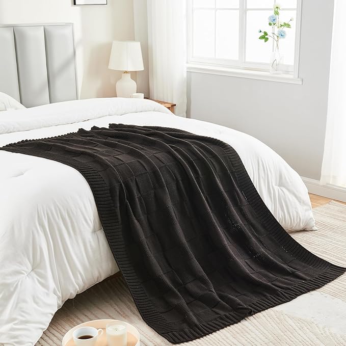 CozeCube Check Knit Throw Blanket, Jet Black Checkered Throw for Couch, Decorative Christmas Soft Cozy Warm Knitted Blanket for Bed Sofa Living Room, 60"X80"
