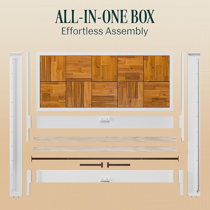 Bme Madia Bed Frame, Mid Century Queen Bed Frame and Headboard with Unique & Trendy Fluted Pattern, 800lbs Capacity Platform Bed Frame, Solid Acacia Wood Slat Support, Easy Assembly White Bed Frame