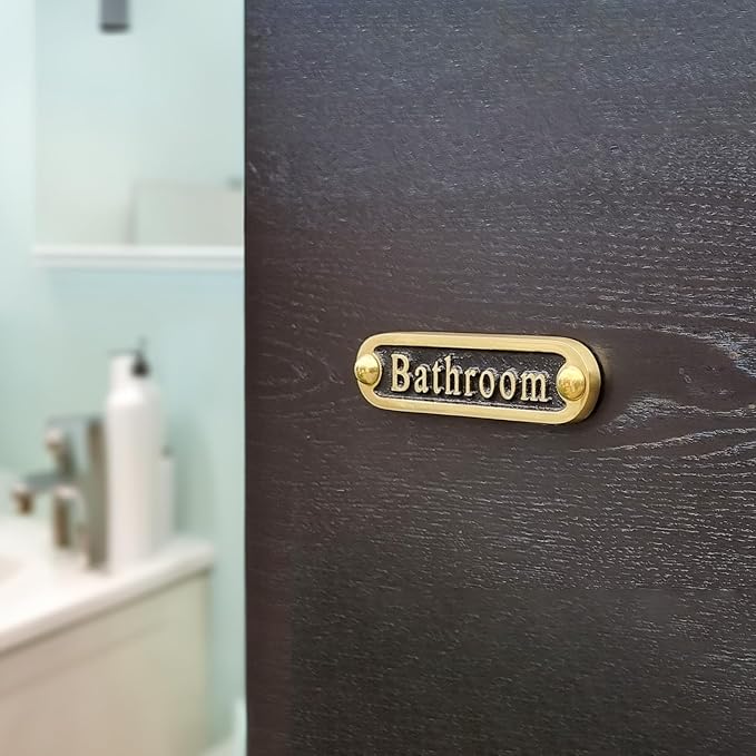 Bathroom Brass Door Sign. Traditional Style Home Décor Wall Plaque Handmade By The Metal Foundry UK.