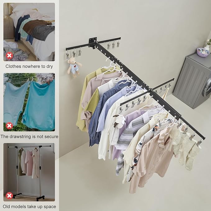 BESy Tri-Fold Foldable Clothes Drying Rack Retractable Hanging Collapsible Dryer Hanger Racks for Laundry Balcony Bathroom Space Saver Outdoor Indoor 20 Clips Aluminum Alloy Wall Mounted Matte Black