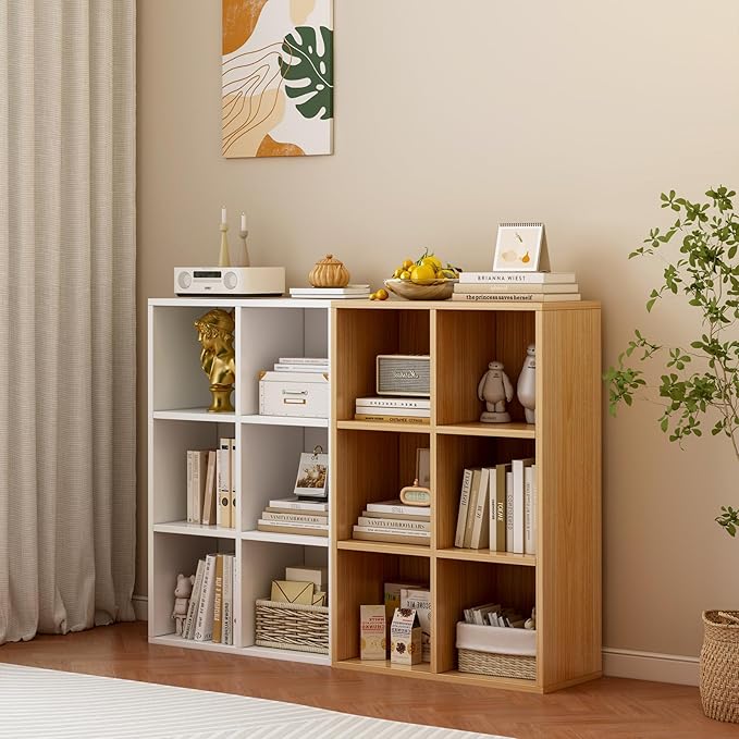 6-Cube Storage Shelf Bookcase - Wooden 3-Tier Floor Standing Open Bookshelf for Home and Office, Display Cabinet, Oak