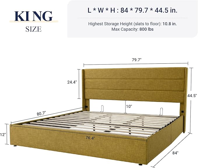 Allewie King Size Lift Up Storage Bed, Modern Wingback Headboard, Hydraulic Support, No Box Spring Needed, Olive Yellow