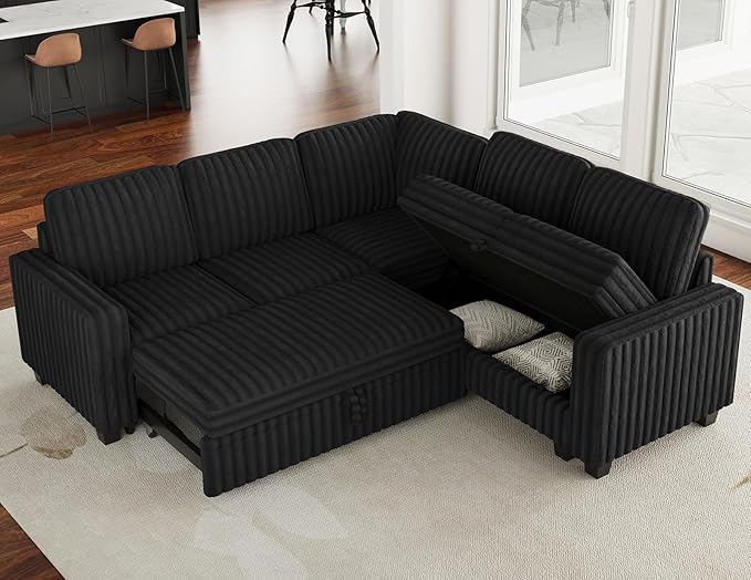 Belffin Plush Corduroy Modular Sectional Sofa with Pull Out Bed Convertible Small Sectional Corner Couch for Living Room Black Couch