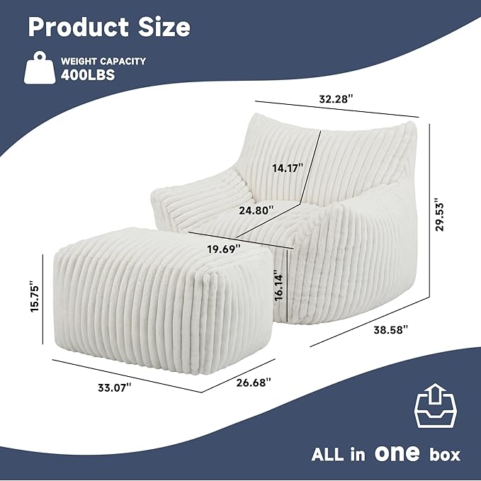 Giant Bean Bag Chairs for Adults, Oversized Chaise Lounge Chair Indoor with Memory Foam - Plush Boneless Lounger & Ottoman for Bedroom, Living Room, Gaming & Reading, Lazy Floor Sofa Chair, Beige