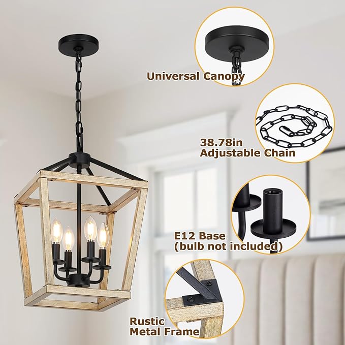 4 Light Chandelier Fixture, Farmhouse Light Fixtures Geometric Metal Cage Modern Ceiling Light with Adjustable Height, E12 Base Hanging Lights for Kitchen Island, Dining Room, Living Room, Indoor