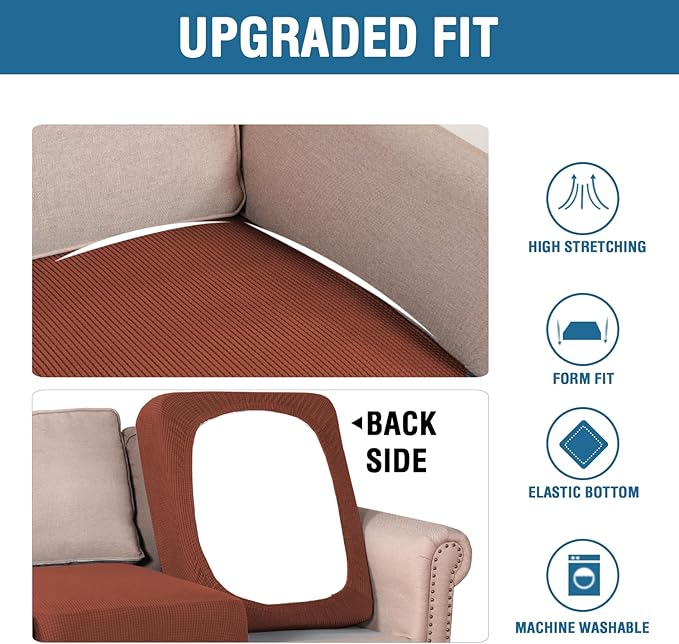 H.VERSAILTEX Super Stretch Individual Seat Cushion Covers - Sofa & Couch Cushion Slipcover Sets - Thick Jacquard Textured Twill Fabric (3 Piece XL Sofa Cushion Covers, Rust)
