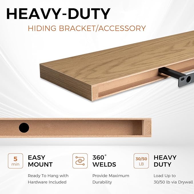 Fun Memories 30" Rustic Wood Deep Floating Shelves for Wall, Invisible Brackets for Decor & Storage, Living Room, Bathroom (Oak, Set of 2)