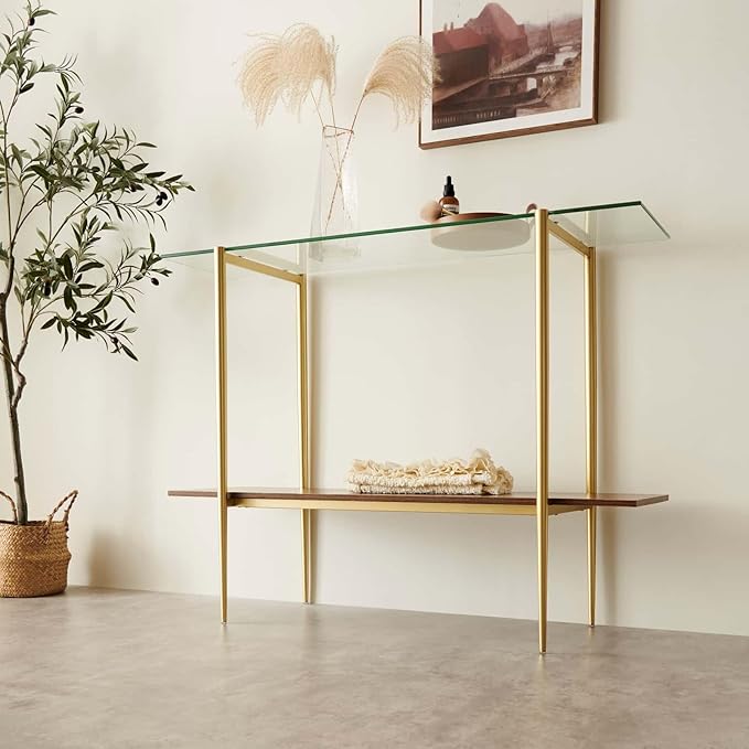 Glass Console Table for Living Room, Foyer & Entrance, 2-Tiers Mid-Century Modern Sofa Table with Clear Glass Top, Walnut Finish Wood Top and Gold Finish Metal Frame