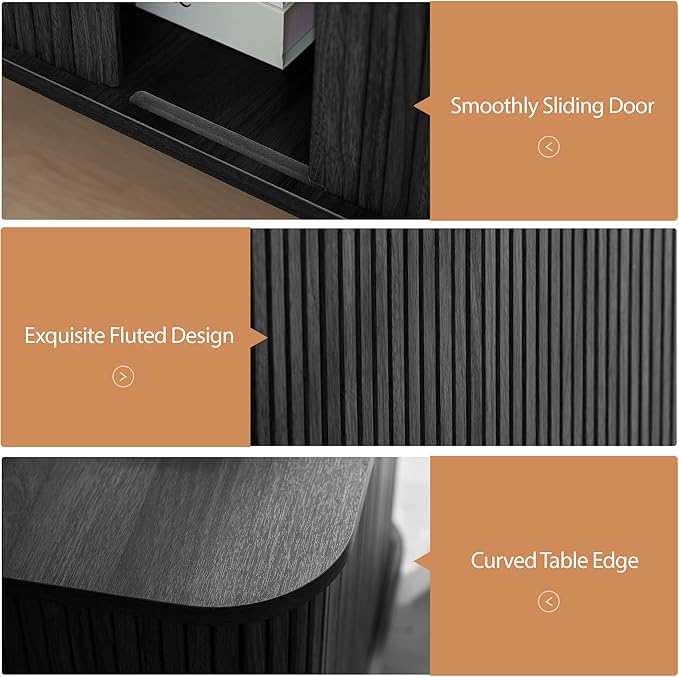 Farmhouse Square End Table with Charging Station, 24" Large Fluted Sofa Side Table with Sliding Tambour Door and Storage, Rustic Curved Wood Nightstand for Living Room, Bedroom, Black