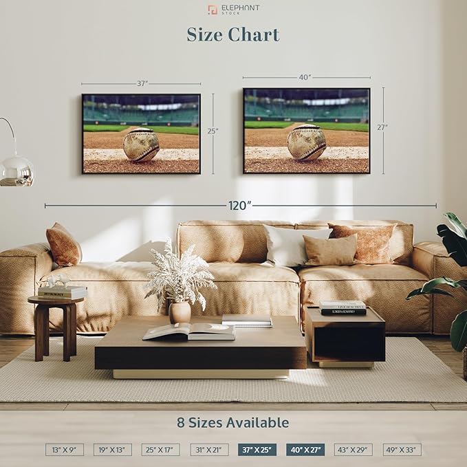 ElephantStock Baseball In Stadium Wall Art - Horizontal Framed Canvas - 1-Piece Living Room Wall Decor - Car Photography Canvas Print - Brown and Beige Decor for Wall - 37" X 25"
