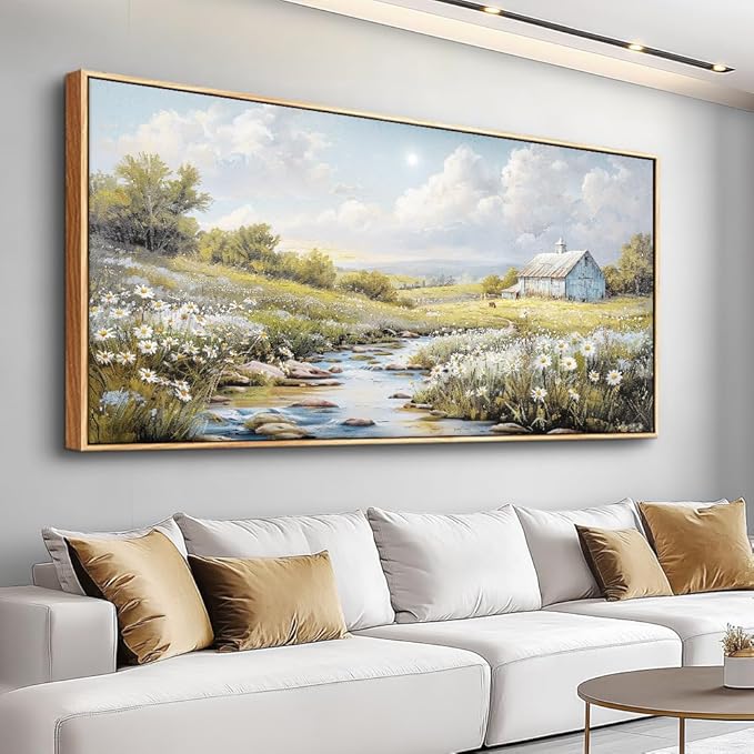 PHAOHUAXM Large Canvas Wall Art For Living Room Wall Decor For Bedroom Flower Watercolour Office Decoration Countryside Scenery Wall Picture Printing Art Painting Home Decor 30x60 In Wood Framed