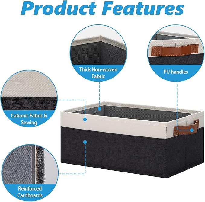 GhvyenntteS Storage Baskets for Organizing, Fabric Storage Bins with Leather H&les, Foldable Rectangular Storage Baskets for Shelves, Closets, Home, Office(Black/White, 6 Pack)11.8X7.9X5.1 in