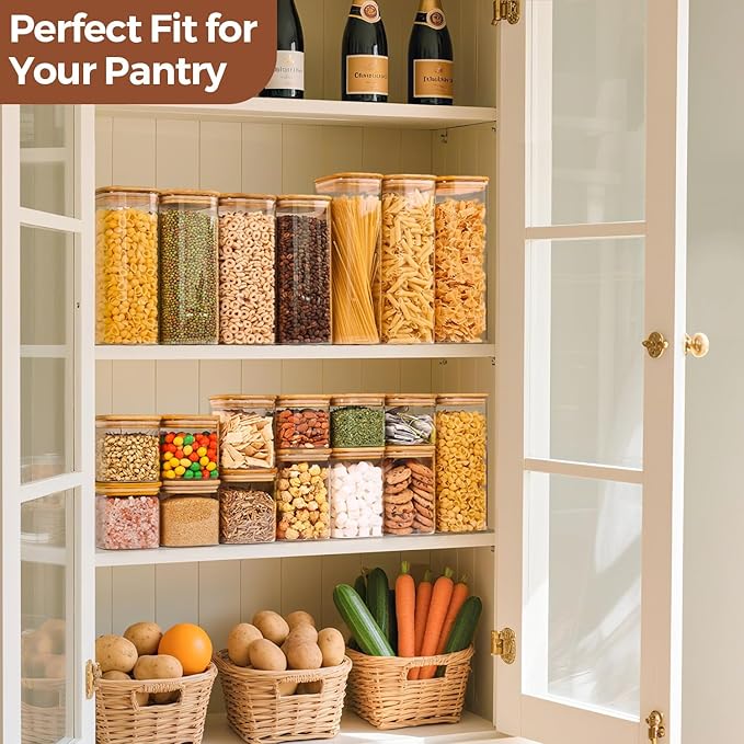 ComSaf 1.2 QT Glass Storage Containers with Lids, Glass Jars with Lids, Clear Food Jar, Square Canister Set of 6, Pantry Organizers and Storage for Cookie Flour Oat Pasta Tea Coffee Bean