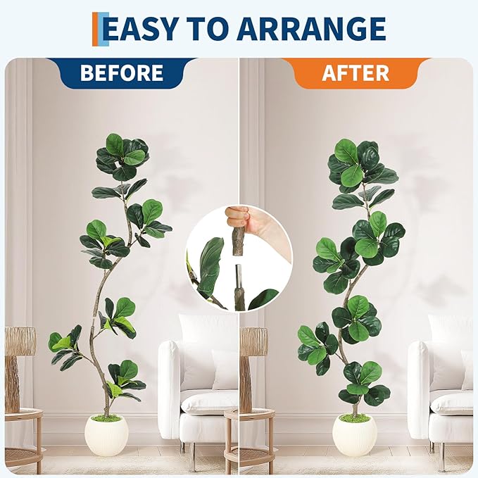 GarveeHome Fiddle Leaf Fig Artificial Tree with White Planter,6ft Faux Plants Indoor with Moss, Fake Rubber Tall Fake Floor Plant in Pot - Artificial Trees for Home Office Living Room Decor
