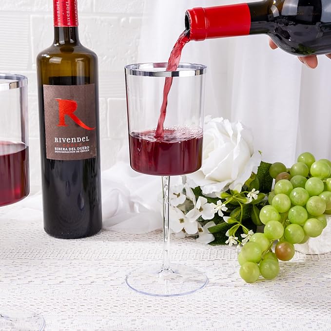 Ciaell 12 Pack Plastic Wine Glasses - 14 Oz Plastic Wine Glasses with Stem - Square Silver Disposable Stemmed Glass for Parties & Weddings & Outdoors