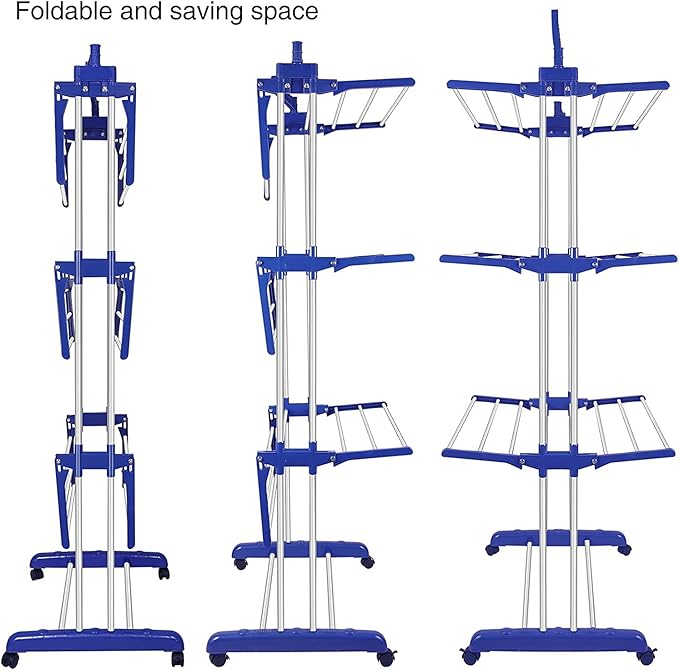 Bigzzia Clothes Drying Rack, Folding Stainless Steel Drying Rack Clothing Indoor Outdoor, Space-Saving, 4 Tier Laundry Drying Rack with Two Side Wings Grey Blue