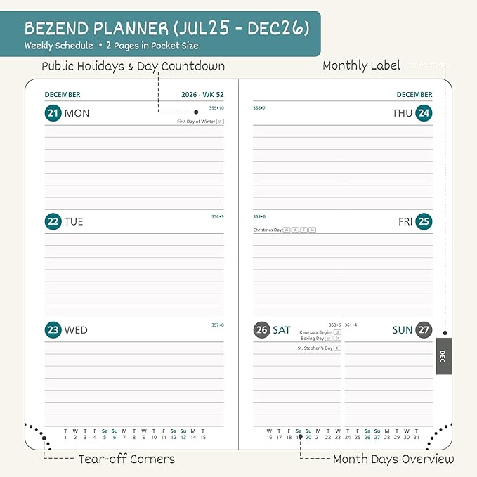 BEZEND Pocket Planner 2025-2026 Weekly and Monthly, 3.5" x 6" Academic Planner (Jul 25-Dec 26) 18-Month Mid-Year Calendar Book, Storage Pocket, Pen Holder, PU Leather Hardcover - Kiwi