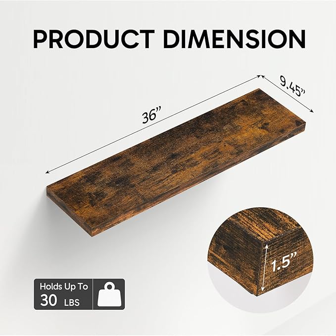 BAYKA Floating Shelves, 36" Wall Mounted Rustic Wood Shelves for Bathroom, Bedroom, Living Room, Kitchen, Office, Hanging Shelf for Books/Storage/Decor(Rustic Brown,Set of 2)
