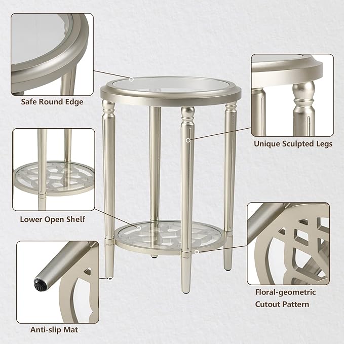 COSIEST Round Side Table, End Table Glass with Wood Frame, Champagne Gold Bedside Table with Modern Style for Living Room, Balcony, Bedroom