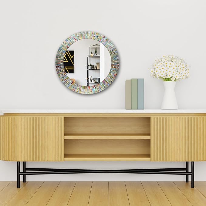 Bohemian Rainbow Wall Mirror -Glass Mosaic Mirror Decorative Wall Mirror, Multi Color Spectrum Wall Mountable, 24" Multi-Color Round Framed Mirror